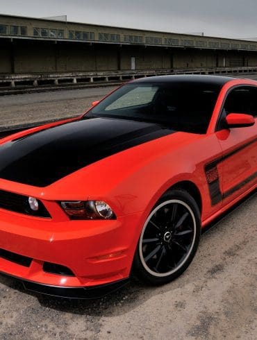 Red and black 2012 Boss 302 Ford Mustang